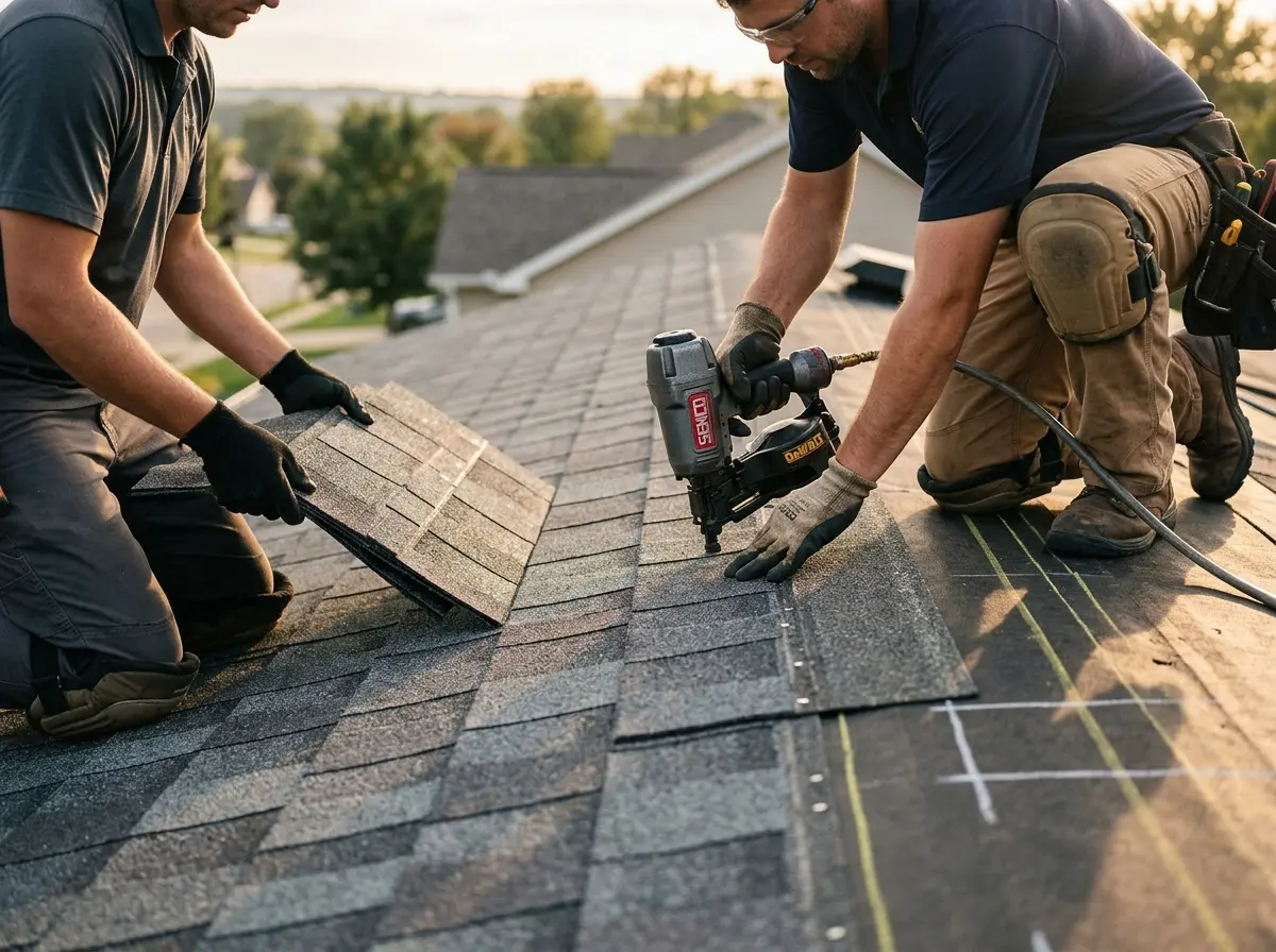 Professional roofer working on a residential roof in Sauk Rapids
